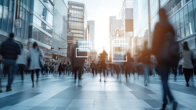 Blurred crowd walking busy urban street with tall glass buildings and digital overlay of face recognition scanning creating futuristic atmosphere