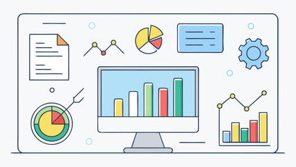 Fototapeta premium Professional minimal flat icon set for office analytics dashboards, including charts, data reports, KPIs, and performance metrics. Great for fintech, SaaS platforms, and corporate visuals.