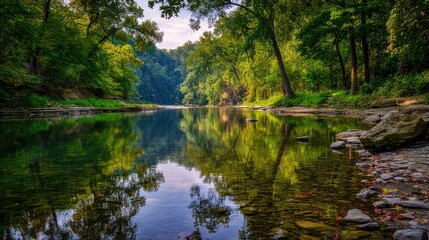 Obraz premium Tranquil Riverbank in Autumn with Reflective Water Surrounded by Lush Green Trees and Scenic Nature Views