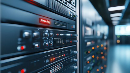Obraz premium Server rack with recording equipment and red indicator lights in modern data center with blurred background and cool lighting