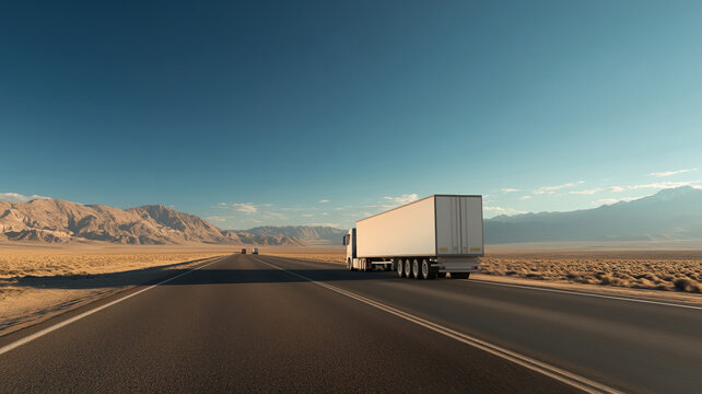 Autonomous truck driving on empty desert highway with mountains in background under clear blue sky