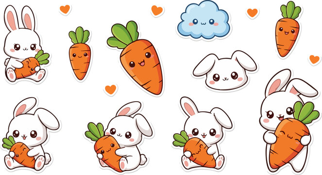 Cute cartoon white bunny rabbits and orange carrots vector sticker set, kawaii animal and vegetable collection, isolated on white