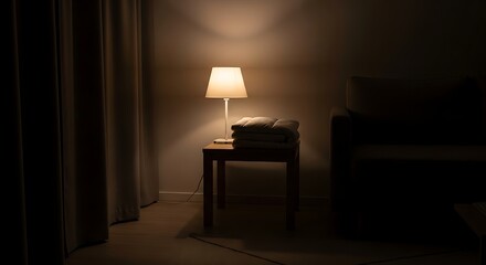A dimly lit, minimalist living room featuring a warm table lamp on a wooden side table next to a dark sofa. Concept for cozy home interior, night atmosphere, serenity, and modern decor.