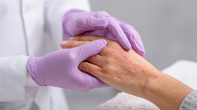 Treatment for eczema and psoriasis on hands with assistance at a dermatology clinic in a medical setting