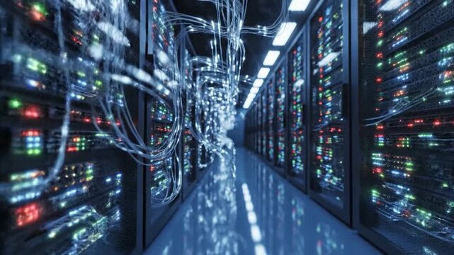 Digital data flowing through server racks in a modern data center
