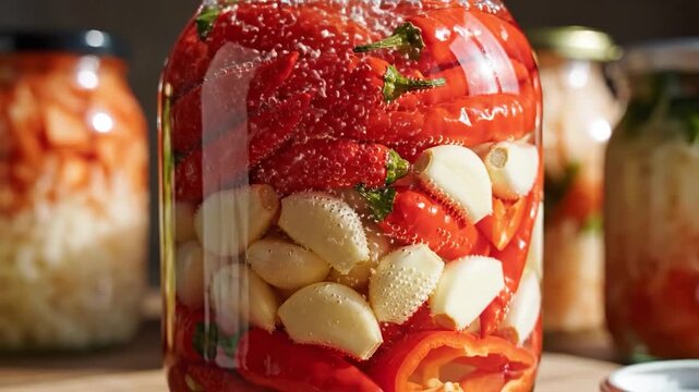Vibrant red chili peppers and garlic cloves are preserved in a glass jar