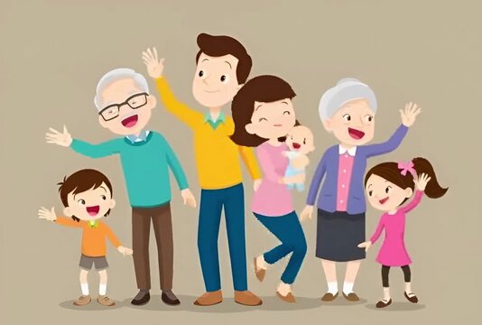 Happy family with grandparents, parents, and children waving together in a joyful illustration