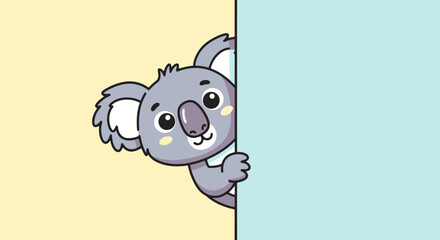 Cute cartoon koala peeking from behind a blank pastel background.