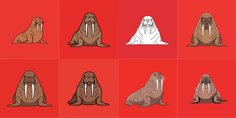 illustration set of walruses on a red background