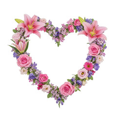 A vibrant heart-shaped arrangement of colorful flowers and leaves isolated on transparent background