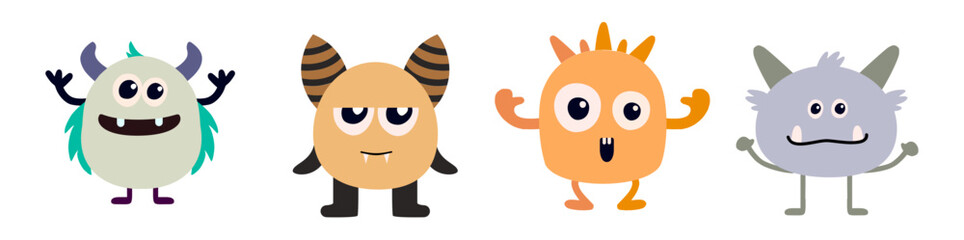 Personajes y monstruos en estilo cartoon, criaturas fantásticas coloridas, aliens simpáticos, arte infantil, monstruos creativos, íconos lúdicos, colección de vectores.