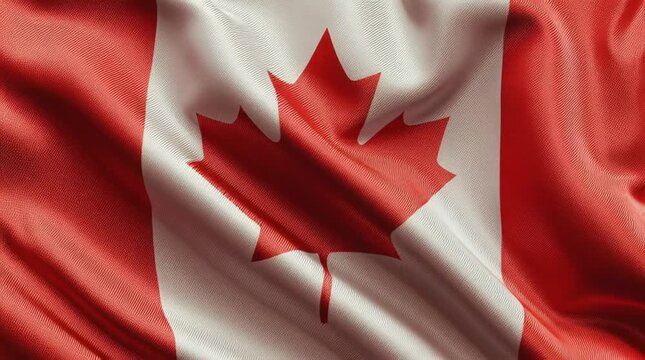 Realistic Canada flag background, vector illustration, close-up view of red and white stripes with central maple leaf emblem, high-definition, detailed texture, clean composition, suitable for designs