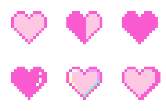 8-bit pixel art pink heart icon set