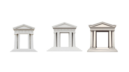 Obraz premium Three white ancient Greek temple facades on transparent background