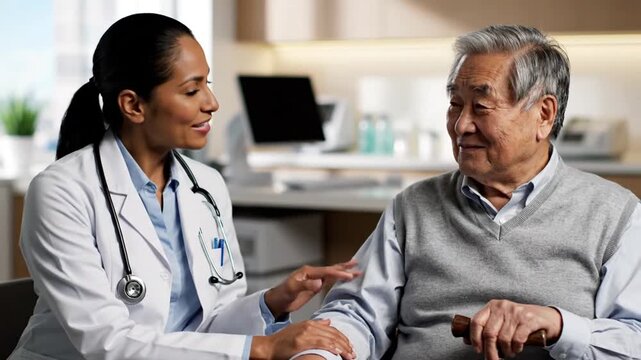 Doctor in white coat comforts elderly man in gray sweater during a checkup