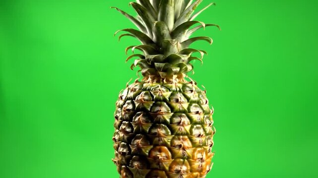 A fresh, ripe pineapple with vibrant green leaves stands against a bright green