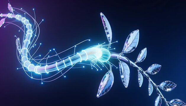 Futuristic plant digital vine glowing crystal neon light abstract technology sci fi design cyber nature blue background energy flow biotechnology concept with crystal leaf technology new world future