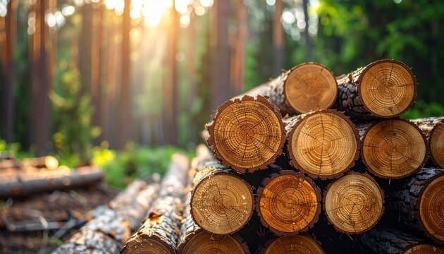 Stack of freshly cut logs in a sun-drenched forest, representing sustainable forestry and natural resources