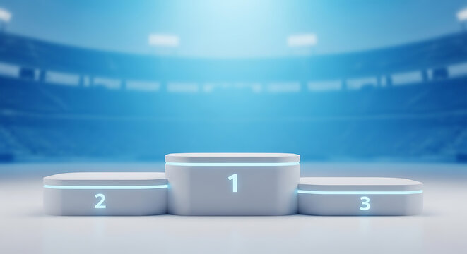 Modern white podium with glowing blue lights for first, second, and third place winners against a blurred stadium background, symbolizing achievement and competition.