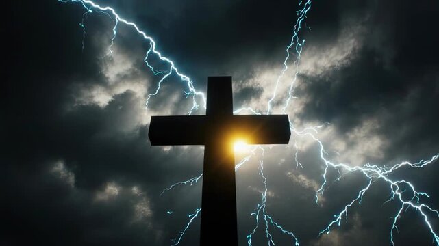 Cross and sunlight as a symbol of the Christian faith and a stormy sky with lightnings as a symbol of mortal life full of trials.