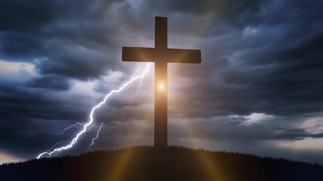 Cross and sunlight as a symbol of the Christian faith and a stormy sky with lightnings as a symbol of mortal life full of trials.