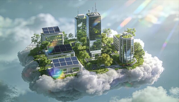 Crystal eco city new world future vision with green building floating island, clean energy solar panel sustainable smart city architecture and modern green energy utopia in fluffy cloudscape