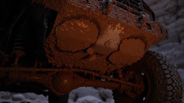 Vehicle Steering Under Muddy Truck in Rugged Outdoor Setting