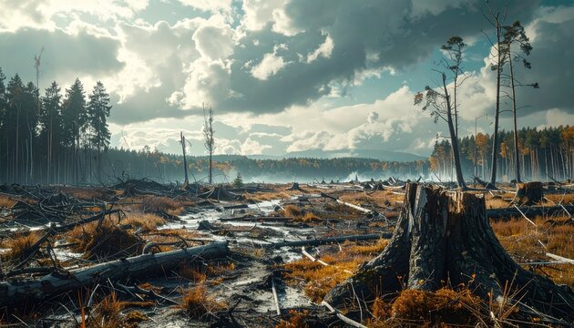 Desolate forest showing tree stumps and fallen timber under a dramatic cloudy sky, powerfully depicting severe ecological impact and environmental degradation