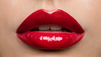 Closeup of a womans lips painted with vibrant red lipstick showing glossy texture and natural skin tone transparent background