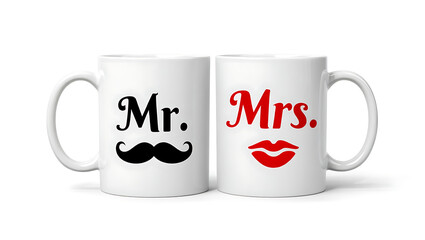 Mr and Mrs mugs with mustache and lips design perfect for couples gift idea isolated on white background transparent background