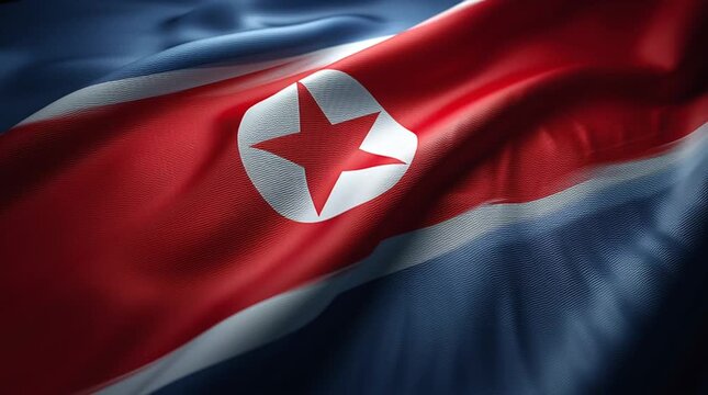 Realistic North Korea flag background, vector illustration, close-up view of red, white, and blue stripes with central red star emblem, high-definition, detailed texture, clean composition