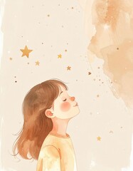 A young girl with closed eyes, surrounded by golden stars, appears to be dreaming or imagining in a soft, pastel-colored whimsical scene.