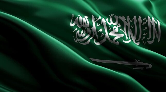 Realistic Saudi Arabia flag background, vector illustration, close-up view of green field with white Arabic inscription and sword, high-definition, detailed texture, clean composition