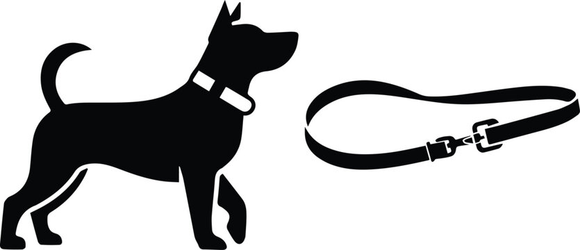 Minimalist black dog leash and collar set silhouette vector icon