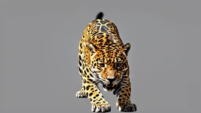 Leopard running on gray background fast.