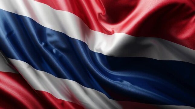 Realistic Thailand flag background, vector illustration, close-up view of red, white, and blue horizontal stripes, high-definition, detailed texture, clean composition, suitable for patriotic designs