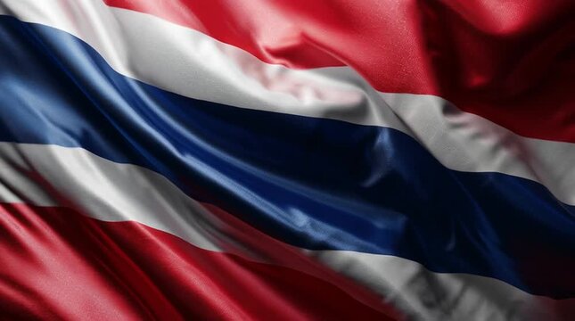 Realistic Thailand flag background, vector illustration, close-up view of red, white, and blue horizontal stripes, high-definition, detailed texture, clean composition, suitable for patriotic designs