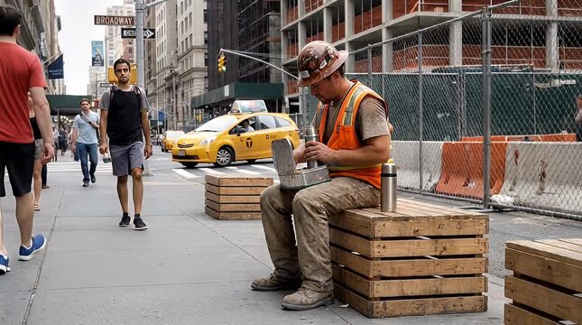 Construction worker resting on wooden pallets in urban environment