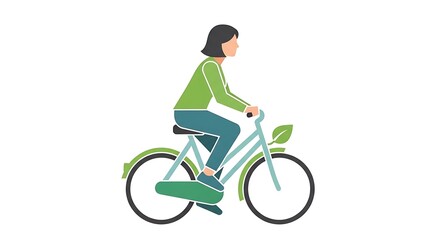 Fototapeta premium Woman riding bicycle with green leaf symbol, representing eco friendly transportation and active healthy lifestyle for environment awareness