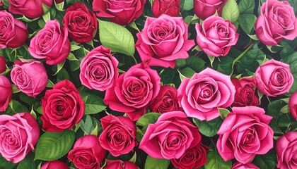 Fototapeta premium Abundant crimson and fuchsia roses with vibrant green foliage