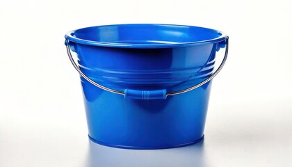 Bright Blue Bucket with Metal Handle on White Background.