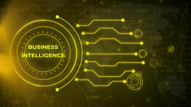 Futuristic technology interface with vibrant yellow concentric circles and a wireframe globe on a dark background displaying a pixelated map and digital data streams for global networks