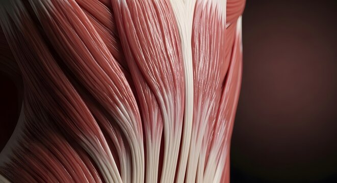 Detailed anatomical rendering of human skeletal muscles, showcasing the complex fibrous structure and interconnectedness vital for strength and movement
