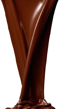 Flowing, glossy, dark brown liquid against a stark white background, creating a dynamic abstract form