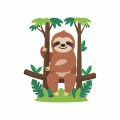 illustration of a smiling sloth in a tropical forest