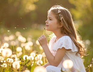 A young girl, lit by sunlight, sits in a field blowing dandelion seeds. Long, flowing hair and white dress