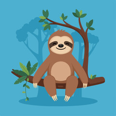 illustration of a smiling sloth in a tropical forest on a blue background