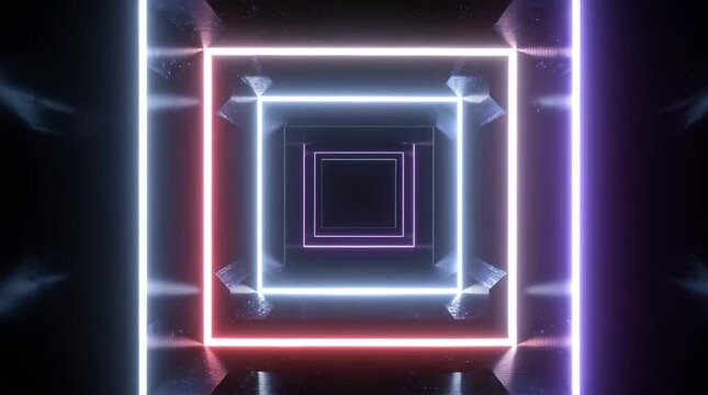 Abstract looped 3D neon light tunnel animation with rotating square frames, seamless cyclic motion, futuristic geometric design, glowing edges, dark minimal background, strong depth perspective