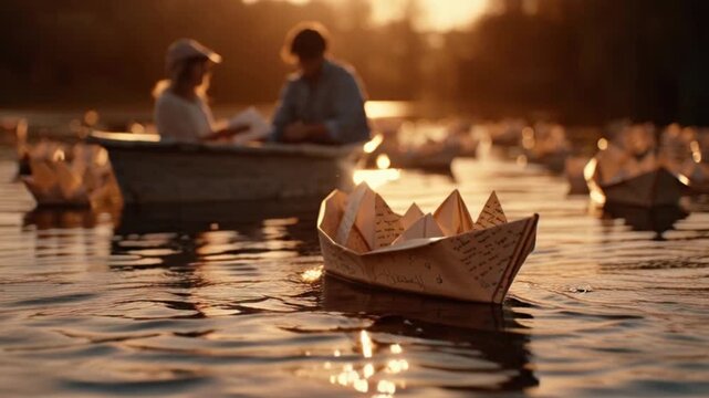 Hands releasing paper boats on serene water at sunset