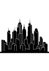 Obraz premium Modern city skyline silhouette featuring diverse skyscrapers with varied architectural styles sharp geometric shapes and distinct rooflines against a clean white background